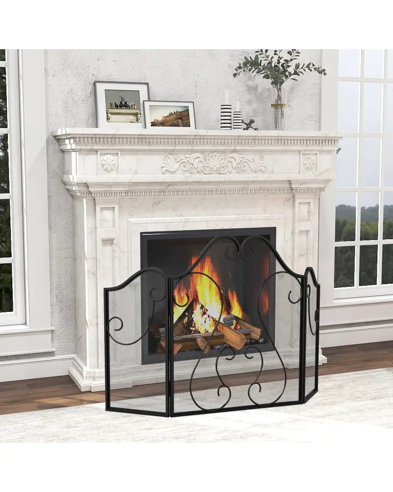 3 Panel Fireplace Screen Foldable Spark Guard Cover with Decorative Scroll - Fireplace Tools