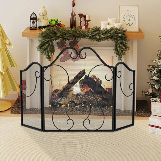 3 Panel Fireplace Screen Foldable Spark Guard Cover with Decorative Scroll - Fireplace Tools