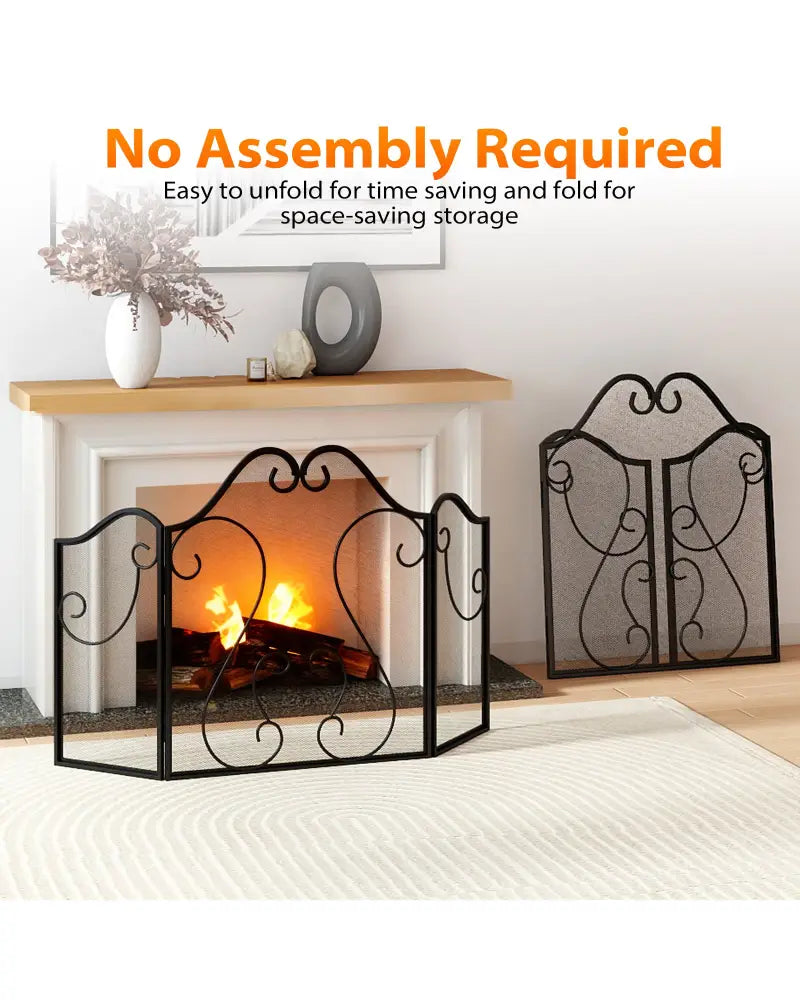 3 Panel Fireplace Screen Foldable Spark Guard Cover with Decorative Scroll - Fireplace Tools