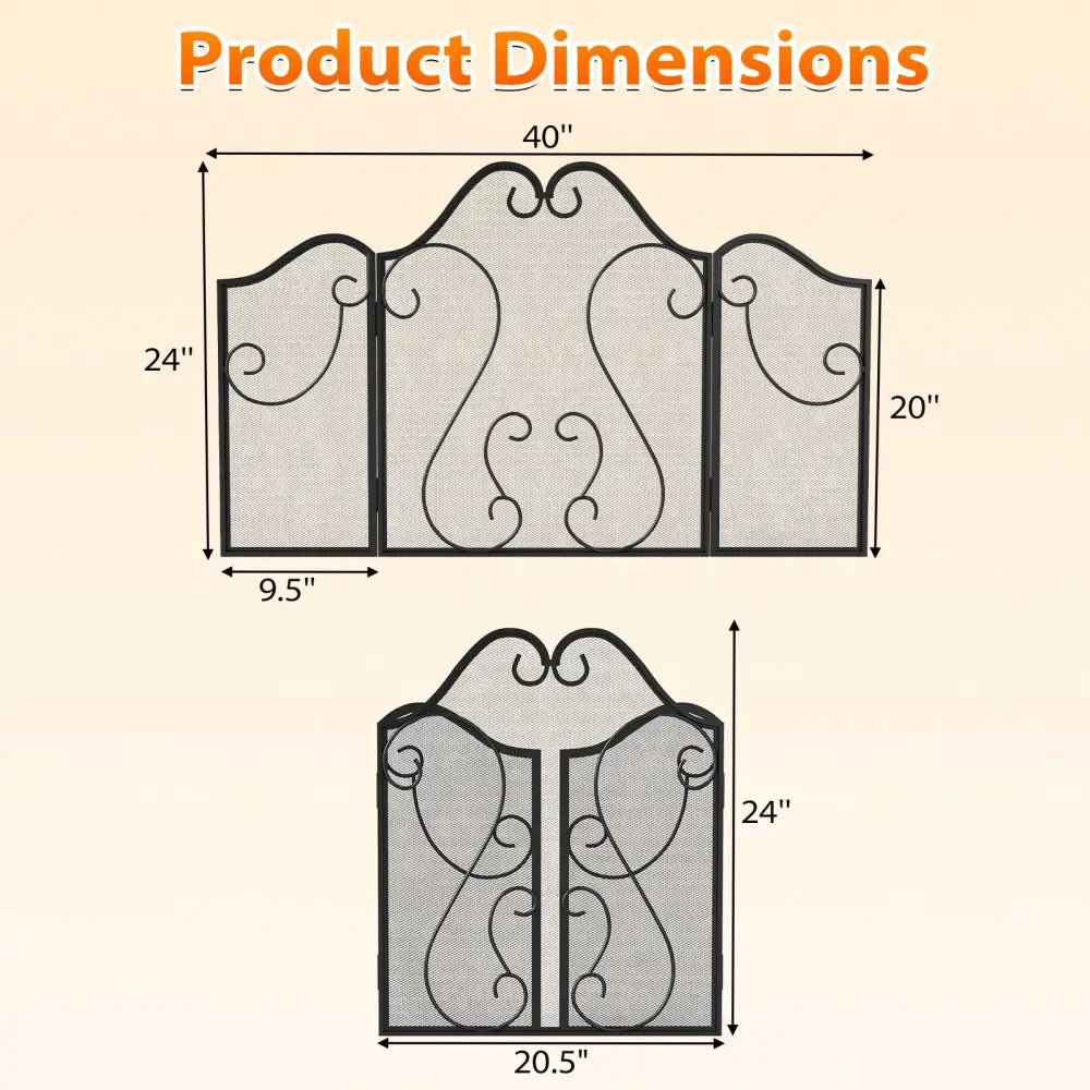 3 Panel Fireplace Screen Foldable Spark Guard Cover with Decorative Scroll - Fireplace Tools