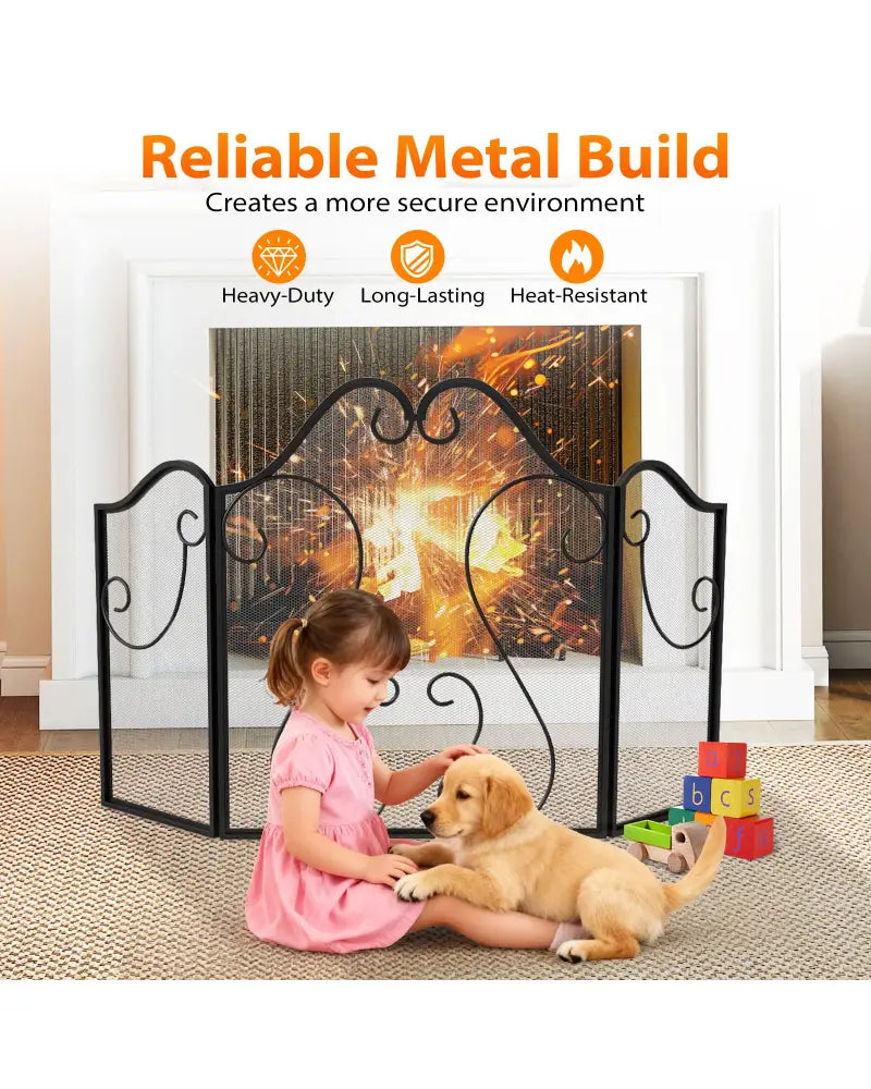 3 Panel Fireplace Screen Foldable Spark Guard Cover with Decorative Scroll - Fireplace Tools