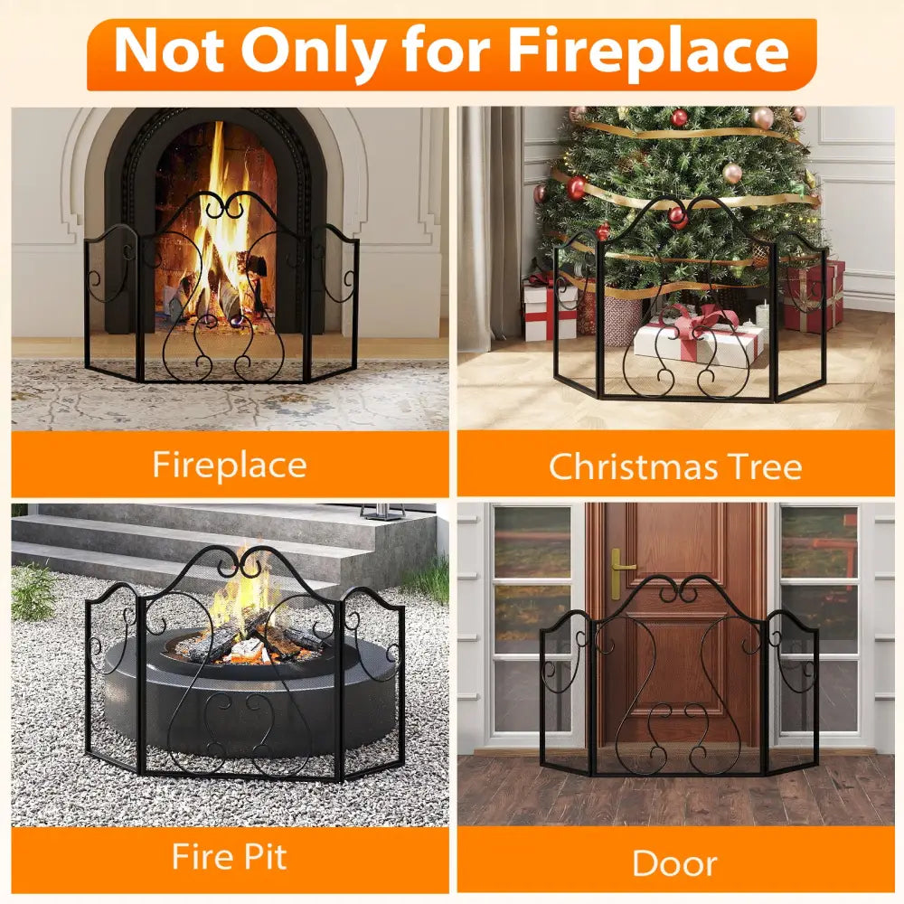 3 Panel Fireplace Screen Foldable Spark Guard Cover with Decorative Scroll - Fireplace Tools