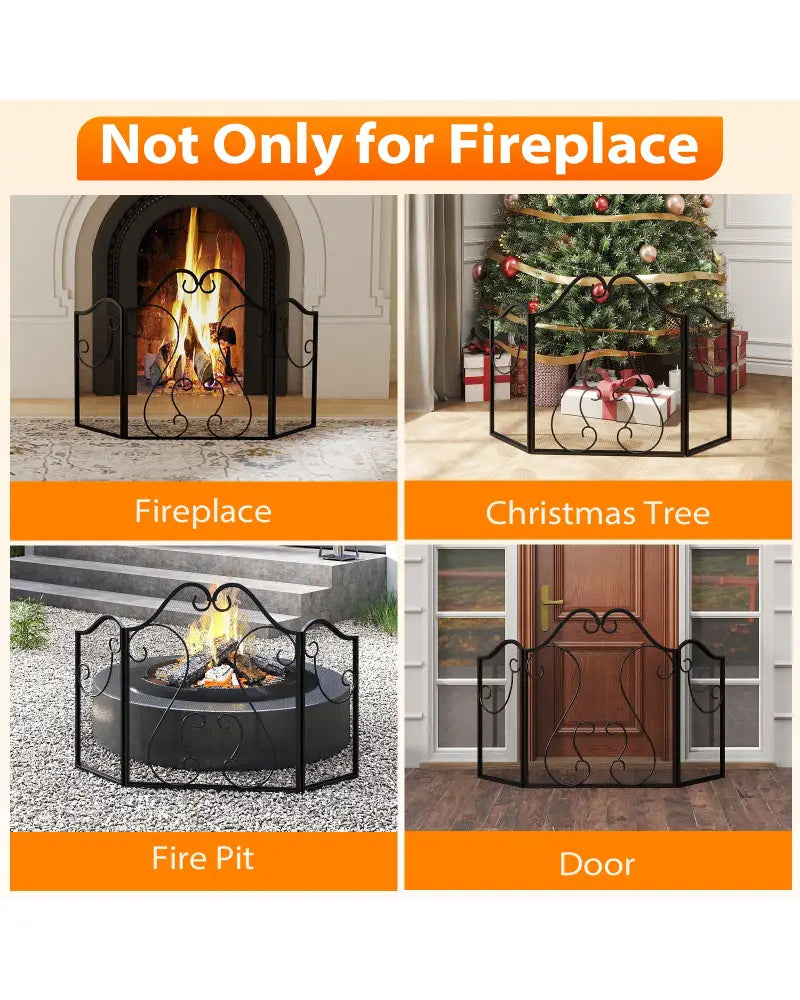 3 Panel Fireplace Screen Foldable Spark Guard Cover with Decorative Scroll - Fireplace Tools