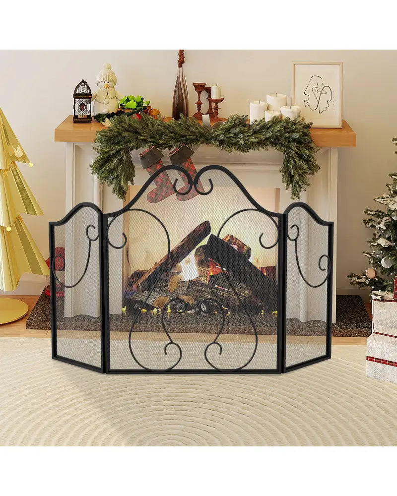 3 Panel Fireplace Screen Foldable Spark Guard Cover with Decorative Scroll - Fireplace Tools