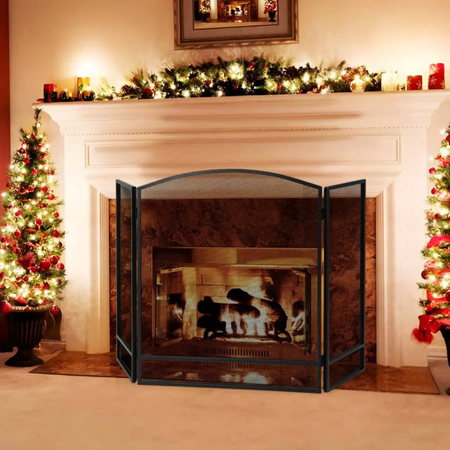 3-Panel Foldable Fireplace Screen with Wrought Metal Mesh-Black - Black - Fireplace Tools