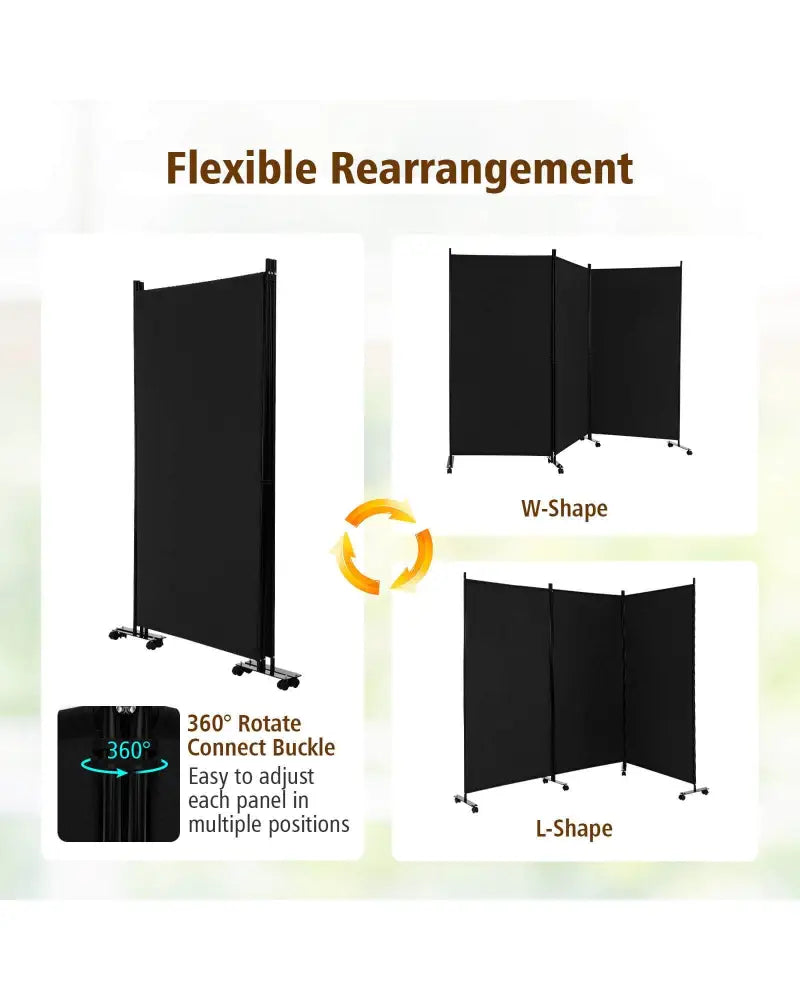 3 Panel Folding Room Divider with Lockable Wheels-Black - Black - Room Dividers