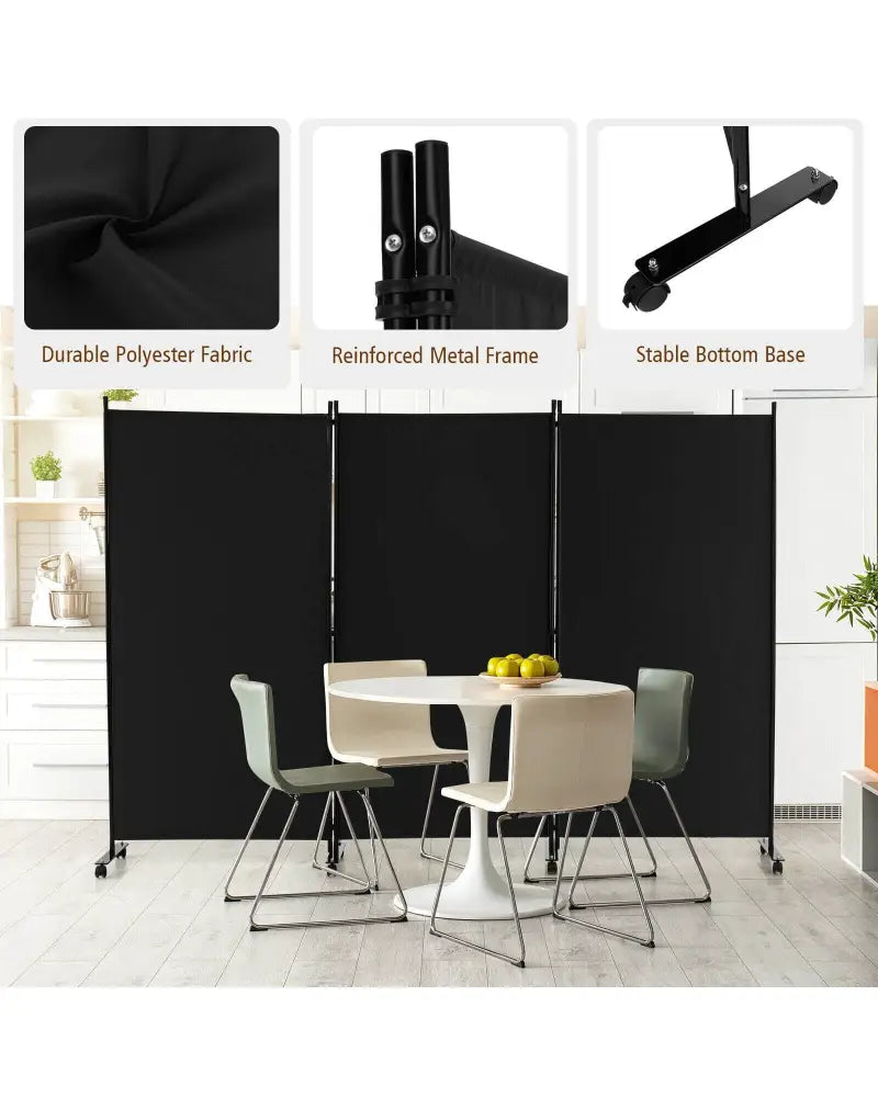 3 Panel Folding Room Divider with Lockable Wheels-Black - Black - Room Dividers