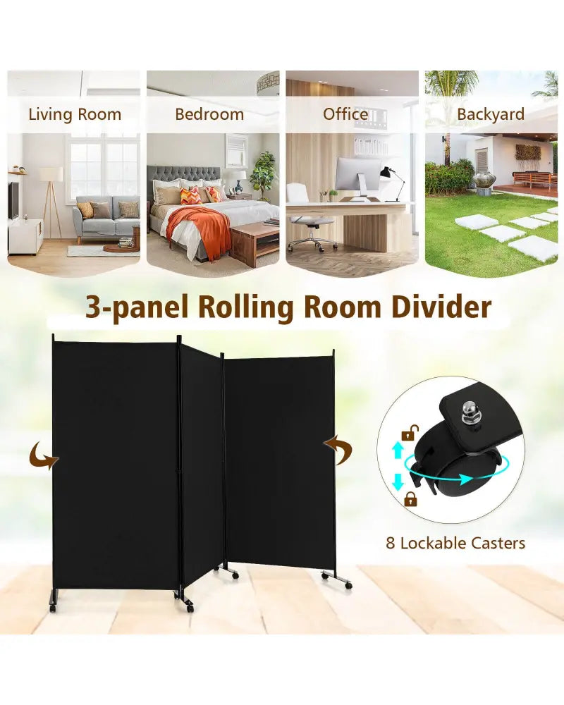3 Panel Folding Room Divider with Lockable Wheels-Black - Black - Room Dividers