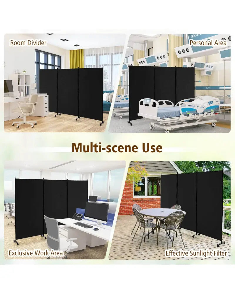 3 Panel Folding Room Divider with Lockable Wheels-Black - Black - Room Dividers