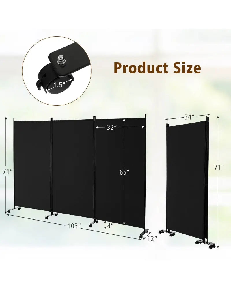 3 Panel Folding Room Divider with Lockable Wheels-Black - Black - Room Dividers