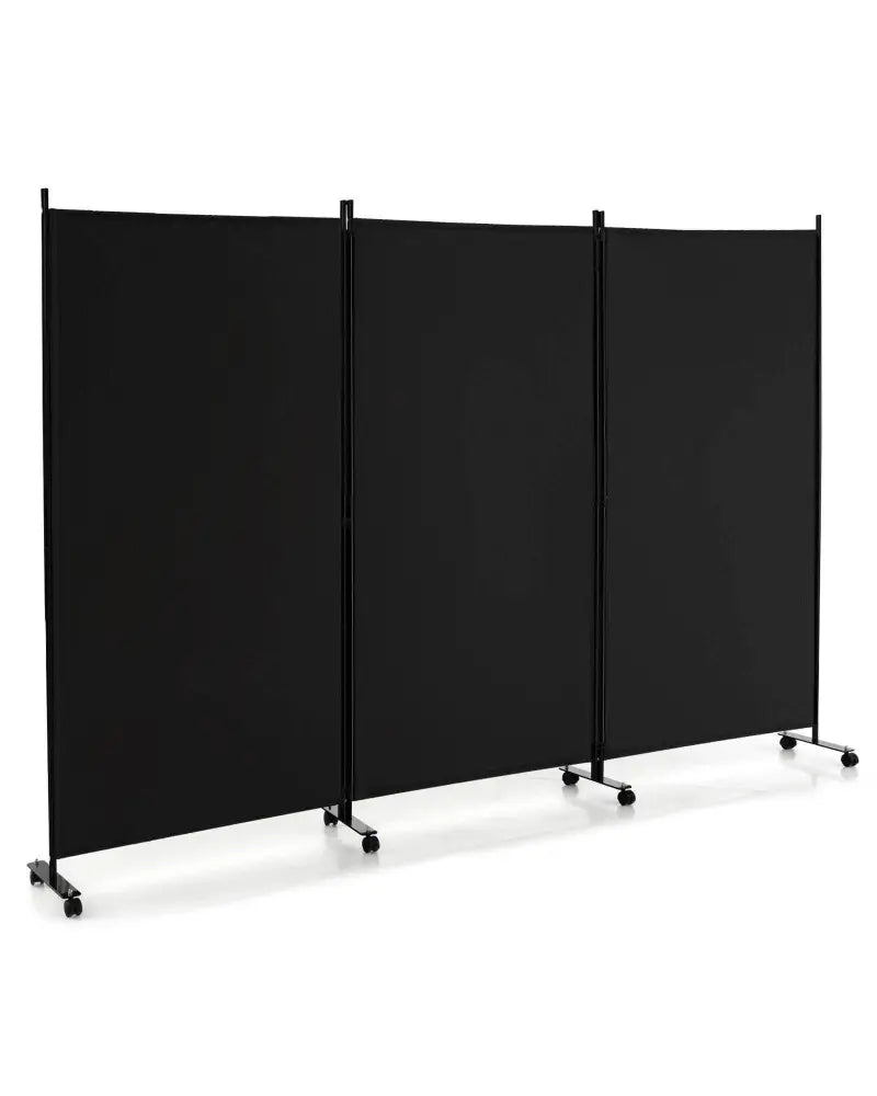 3 Panel Folding Room Divider with Lockable Wheels-Black - Black - Room Dividers