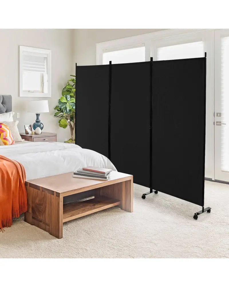 3 Panel Folding Room Divider with Lockable Wheels-Black - Black - Room Dividers