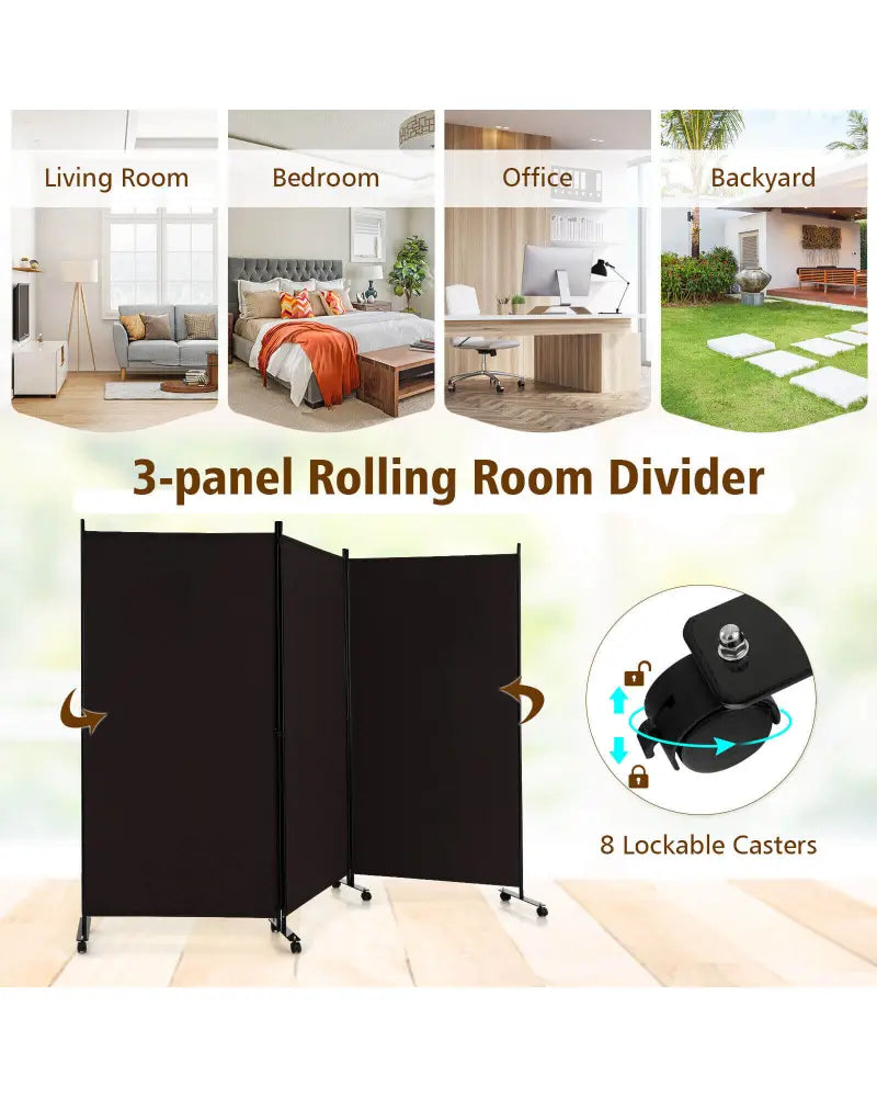 3 Panel Folding Room Divider with Lockable Wheels-Brown - Brown - Room Dividers