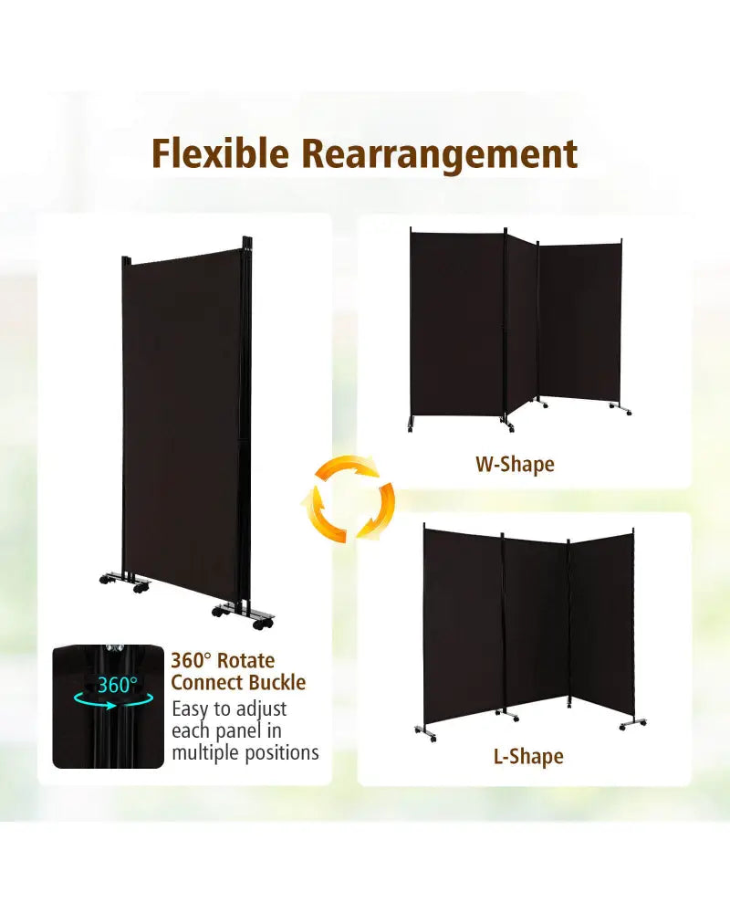 3 Panel Folding Room Divider with Lockable Wheels-Brown - Brown - Room Dividers