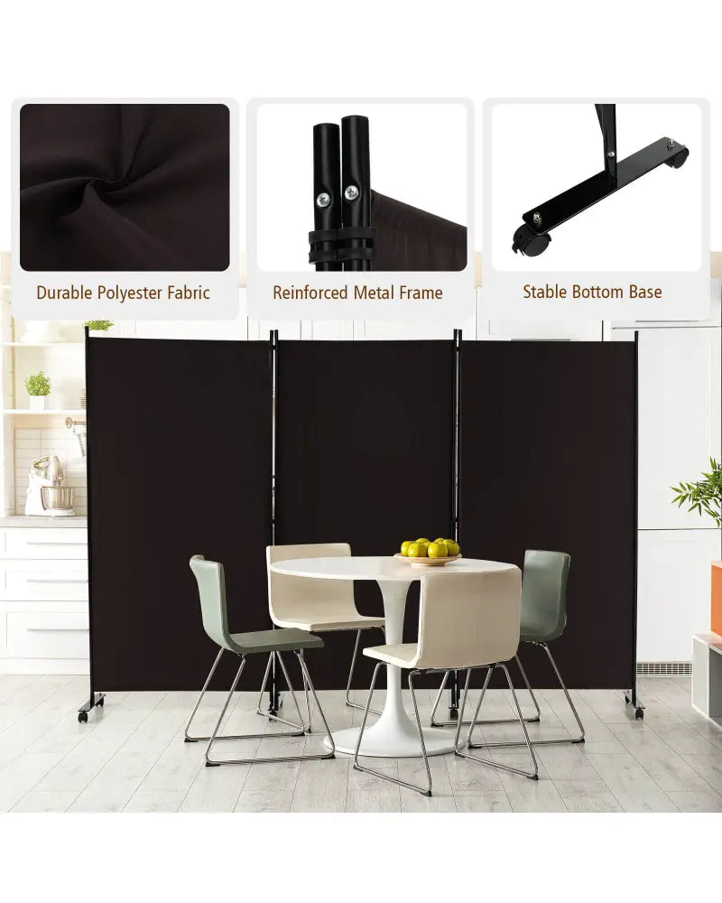 3 Panel Folding Room Divider with Lockable Wheels-Brown - Brown - Room Dividers