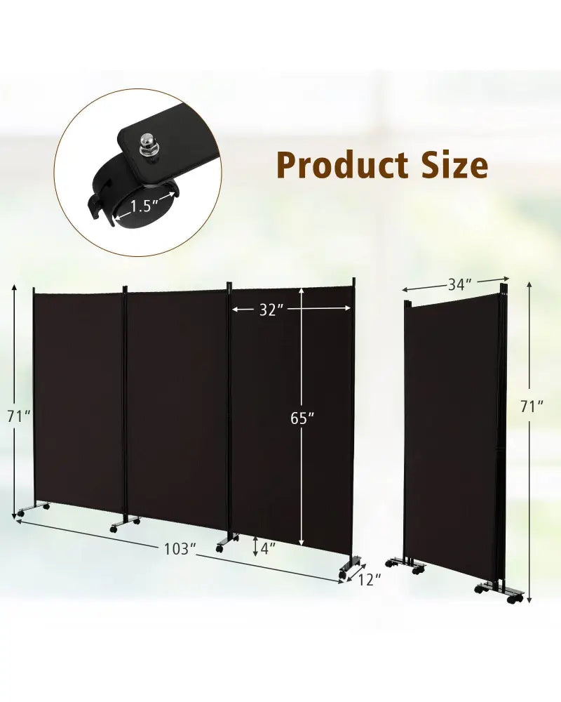 3 Panel Folding Room Divider with Lockable Wheels-Brown - Brown - Room Dividers