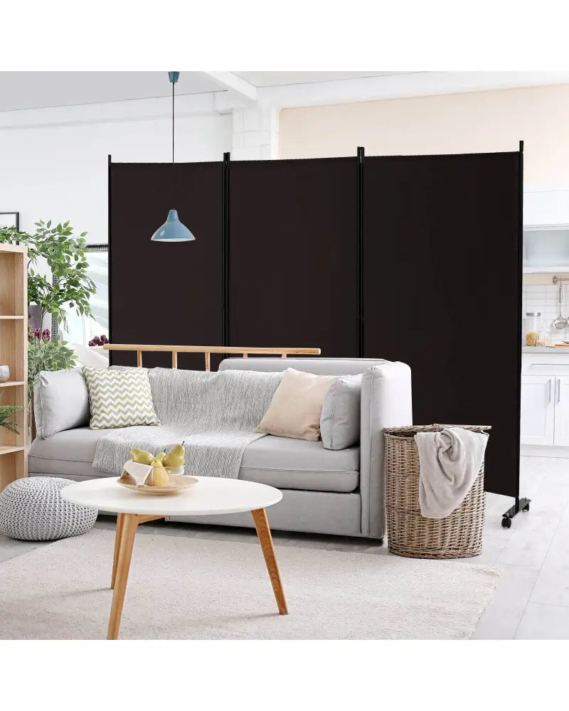 3 Panel Folding Room Divider with Lockable Wheels-Brown - Brown - Room Dividers