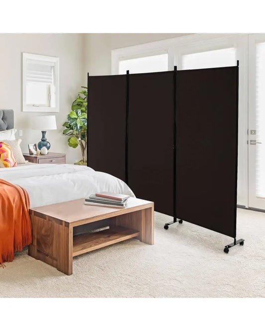 3 Panel Folding Room Divider with Lockable Wheels-Brown - Brown - Room Dividers