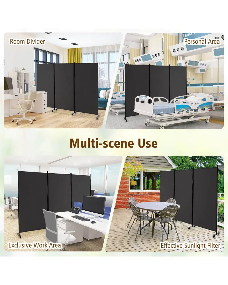 3 Panel Folding Room Divider with Lockable Wheels-Gray - Gray - Room Dividers