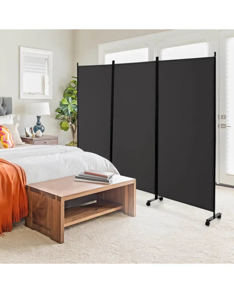3 Panel Folding Room Divider with Lockable Wheels-Gray - Gray - Room Dividers