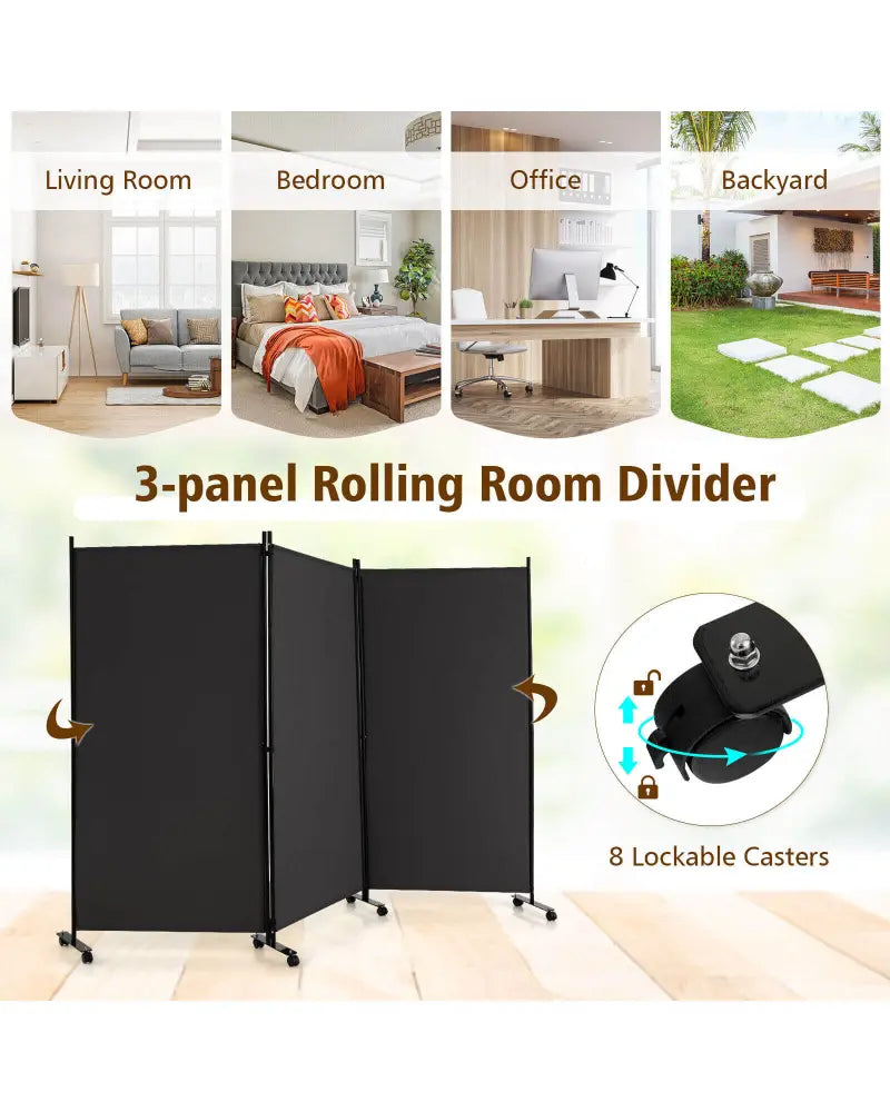 3 Panel Folding Room Divider with Lockable Wheels-Gray - Gray - Room Dividers