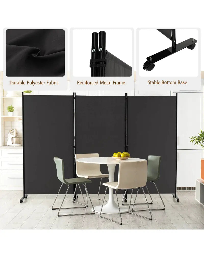 3 Panel Folding Room Divider with Lockable Wheels-Gray - Gray - Room Dividers