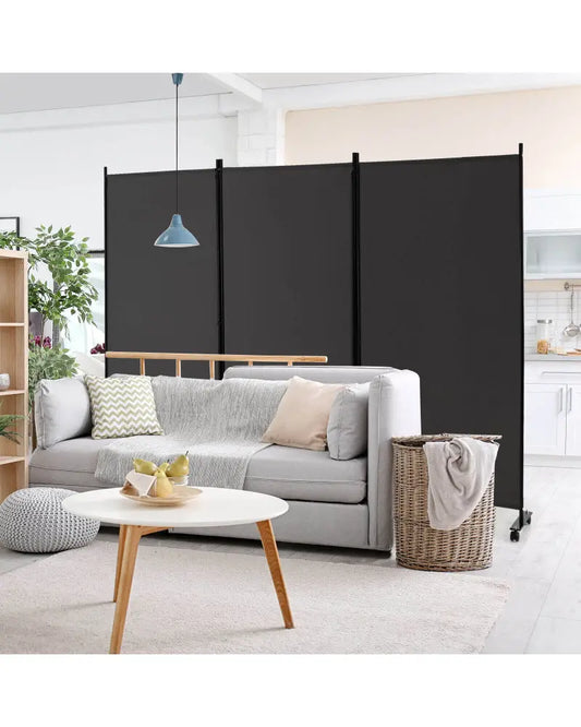 3 Panel Folding Room Divider with Lockable Wheels-Gray - Gray - Room Dividers