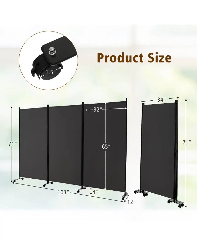 3 Panel Folding Room Divider with Lockable Wheels-Gray - Gray - Room Dividers