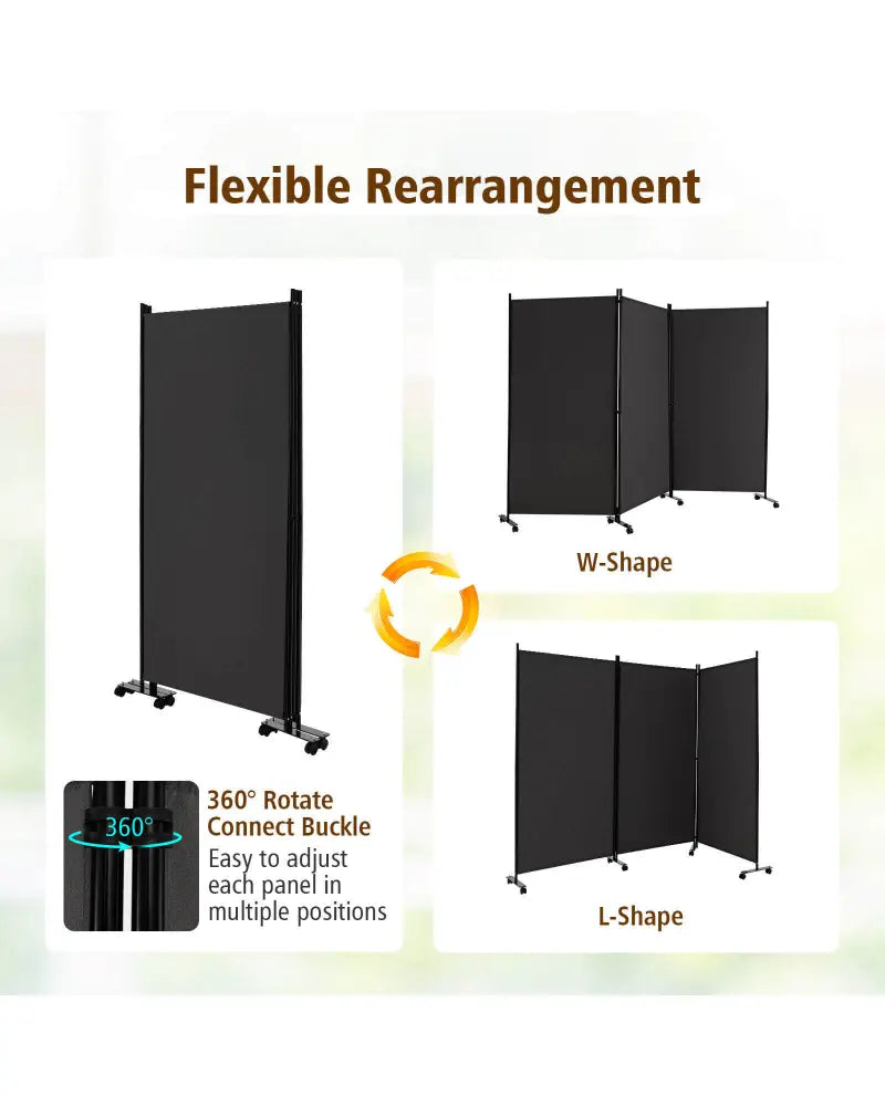 3 Panel Folding Room Divider with Lockable Wheels-Gray - Gray - Room Dividers