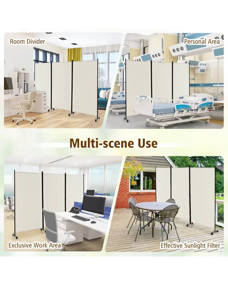 3 Panel Folding Room Divider with Lockable Wheels-White - White - Room Dividers