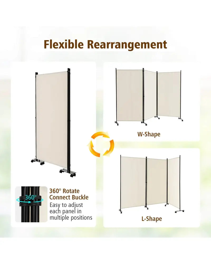 3 Panel Folding Room Divider with Lockable Wheels-White - White - Room Dividers