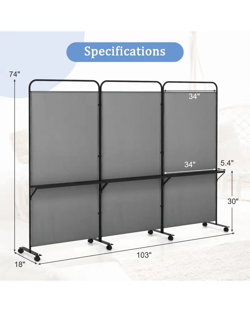 3-Panel Folding Room Divider with 3 Metal Shelves and Lockable Wheels-Gray - Gray - Room Dividers