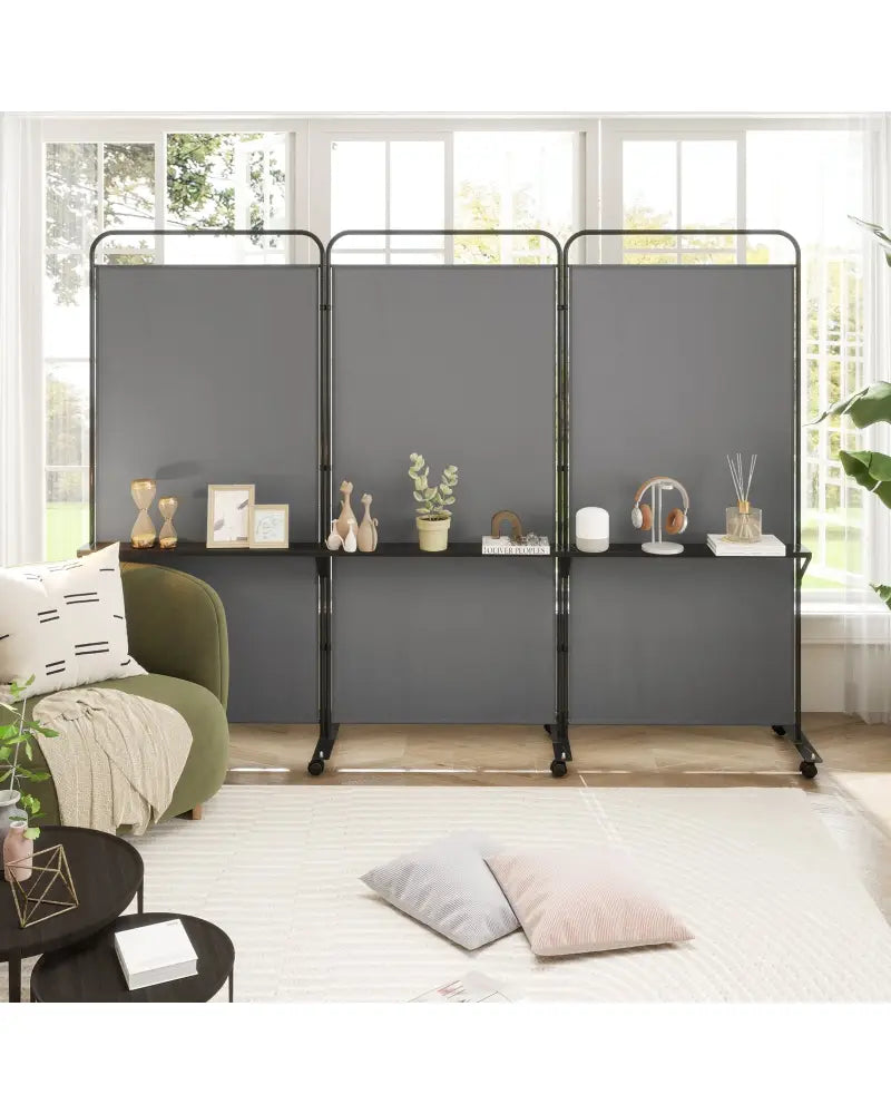 3-Panel Folding Room Divider with 3 Metal Shelves and Lockable Wheels-Gray - Gray - Room Dividers