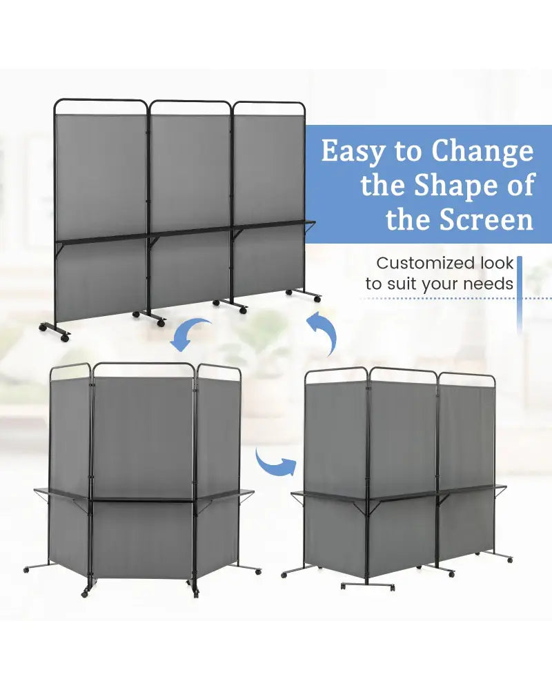 3-Panel Folding Room Divider with 3 Metal Shelves and Lockable Wheels-Gray - Gray - Room Dividers