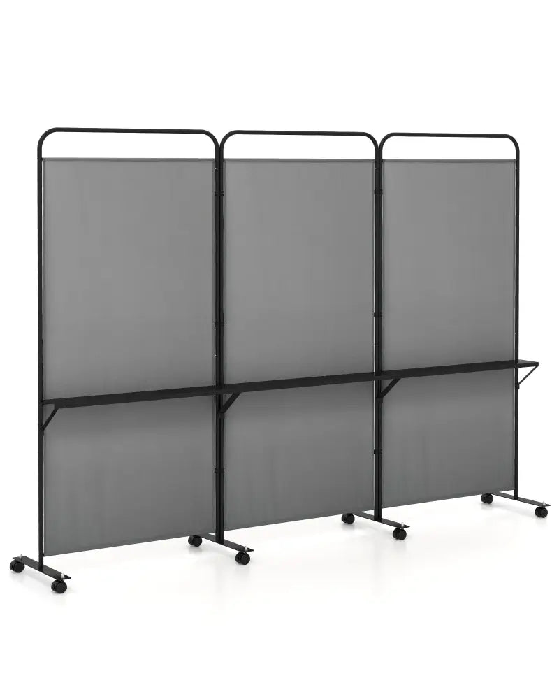 3-Panel Folding Room Divider with 3 Metal Shelves and Lockable Wheels-Gray - Gray - Room Dividers