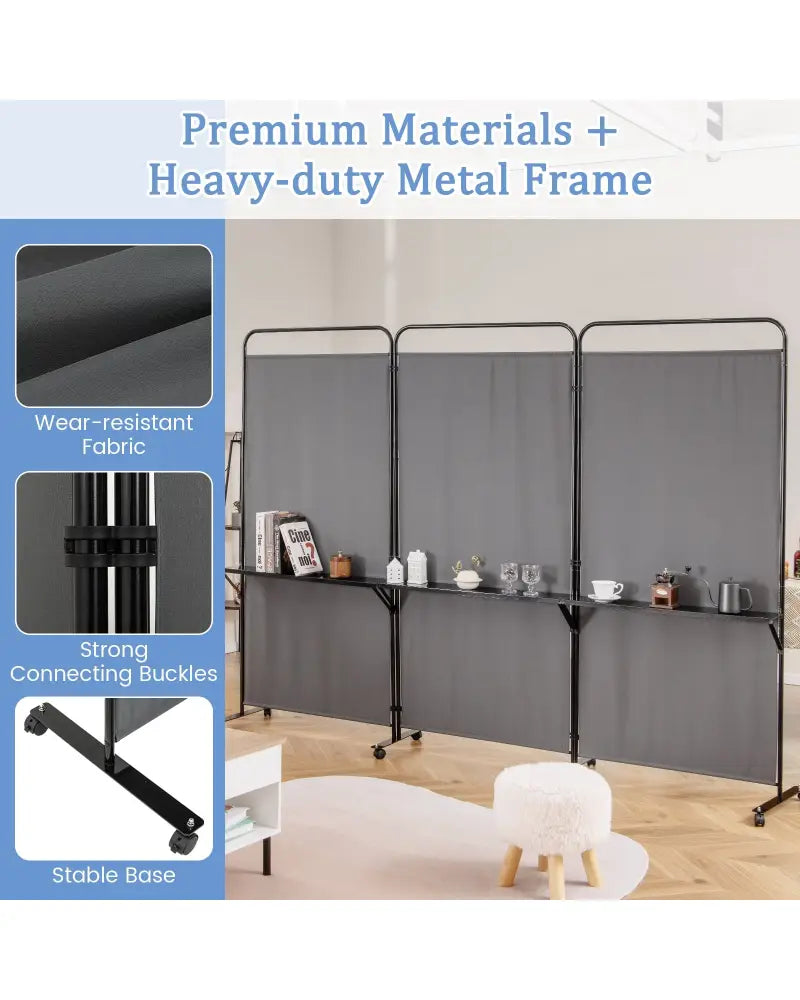 3-Panel Folding Room Divider with 3 Metal Shelves and Lockable Wheels-Gray - Gray - Room Dividers