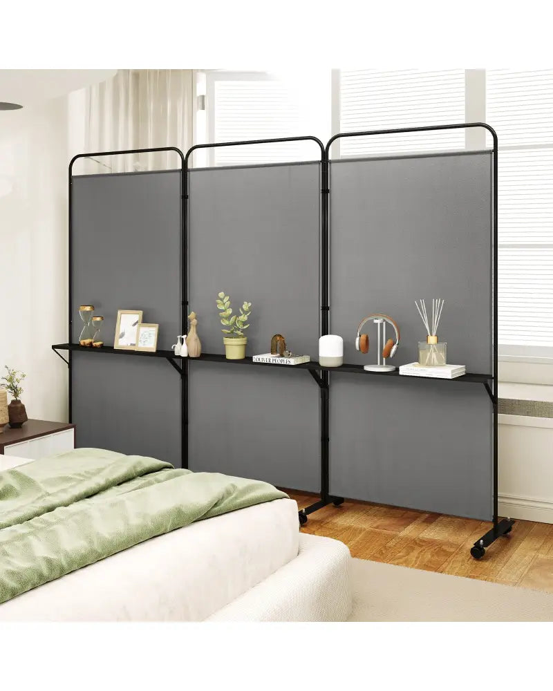 3-Panel Folding Room Divider with 3 Metal Shelves and Lockable Wheels-Gray - Gray - Room Dividers