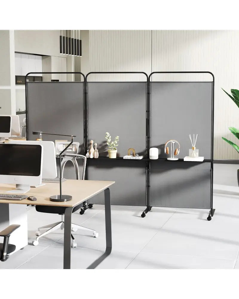 3-Panel Folding Room Divider with 3 Metal Shelves and Lockable Wheels-Gray - Gray - Room Dividers
