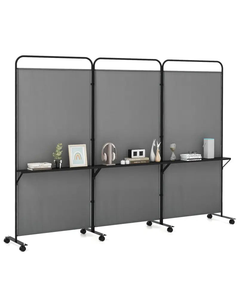 3-Panel Folding Room Divider with 3 Metal Shelves and Lockable Wheels-Gray - Gray - Room Dividers