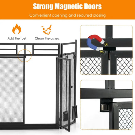 3-Panel Folding Wrought Iron Fireplace Screen with 4 Pieces Tools Set-Black - Black - Fireplace Tools