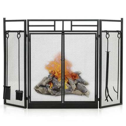 3-Panel Folding Wrought Iron Fireplace Screen with 4 Pieces Tools Set-Black - Black - Fireplace Tools