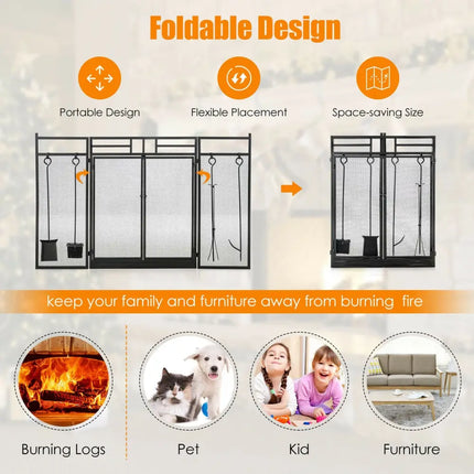 3-Panel Folding Wrought Iron Fireplace Screen with 4 Pieces Tools Set-Black - Black - Fireplace Tools