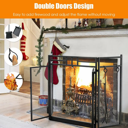3-Panel Folding Wrought Iron Fireplace Screen with 4 Pieces Tools Set-Black - Black - Fireplace Tools