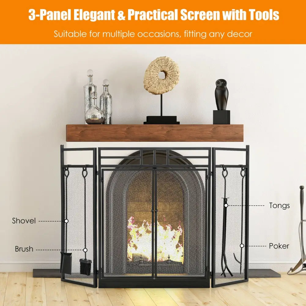 3-Panel Folding Wrought Iron Fireplace Screen with 4 Pieces Tools Set-Black - Black - Fireplace Tools
