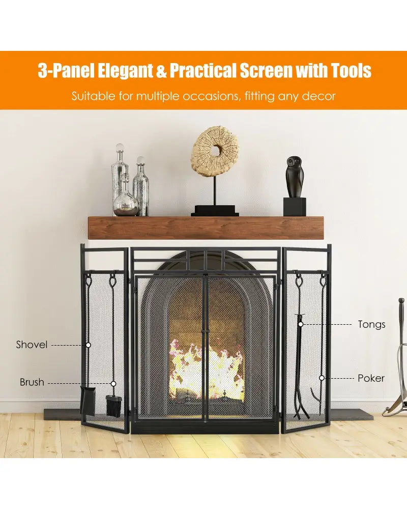 3-Panel Folding Wrought Iron Fireplace Screen with 4 Pieces Tools Set-Black - Black - Fireplace Tools