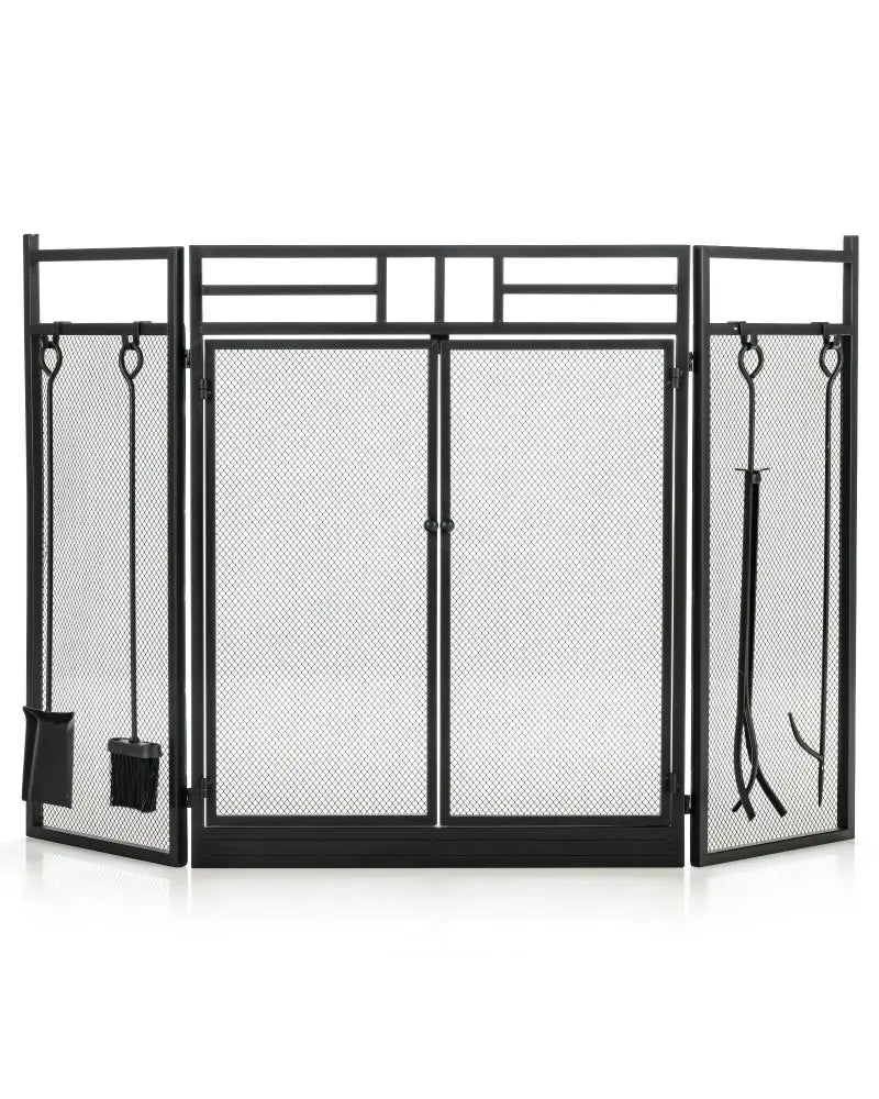 3-Panel Folding Wrought Iron Fireplace Screen with 4 Pieces Tools Set-Black - Black - Fireplace Tools