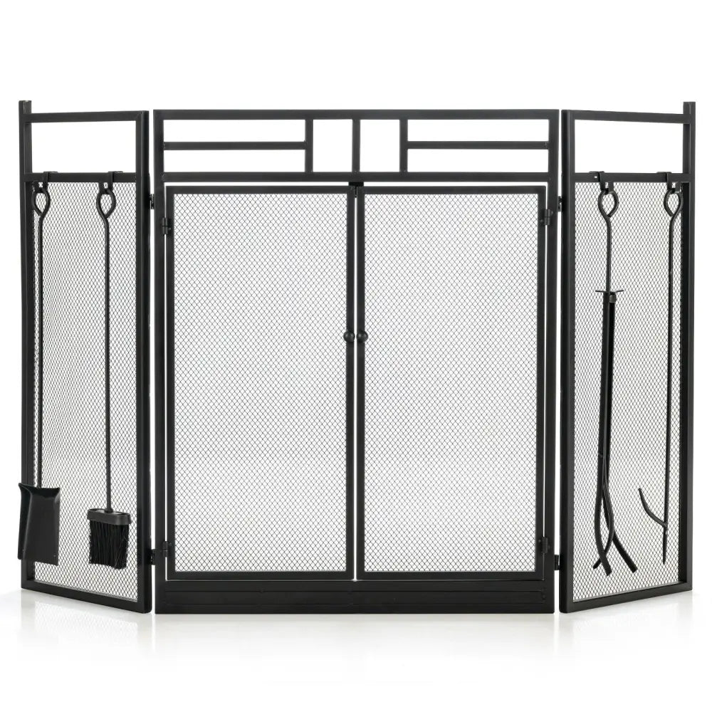 3-Panel Folding Wrought Iron Fireplace Screen with 4 Pieces Tools Set-Black - Black - Fireplace Tools