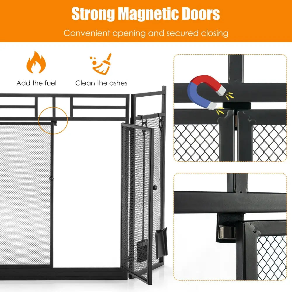 3-Panel Folding Wrought Iron Fireplace Screen with 4 Pieces Tools Set-Black - Black - Fireplace Tools