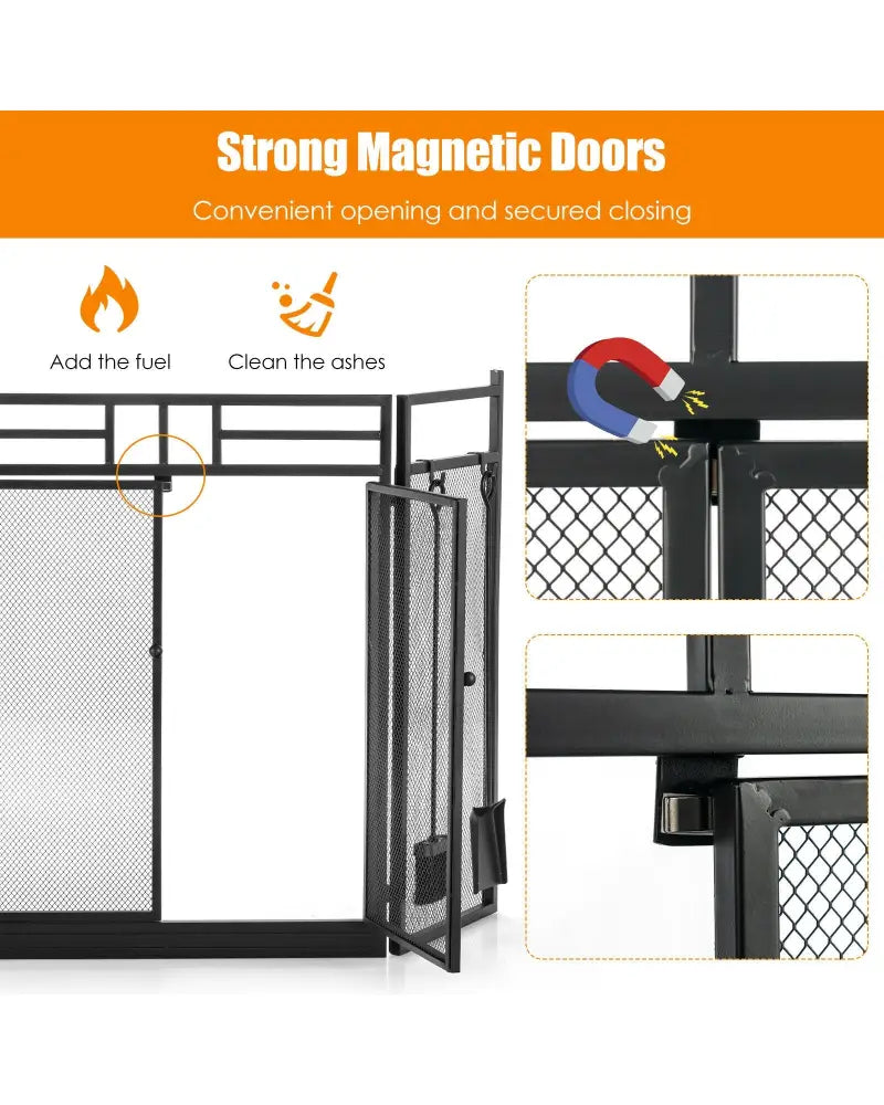 3-Panel Folding Wrought Iron Fireplace Screen with 4 Pieces Tools Set-Black - Black - Fireplace Tools