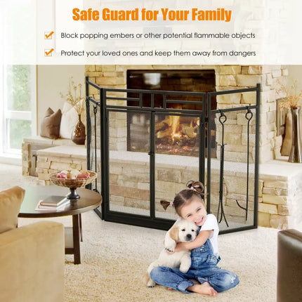 3-Panel Folding Wrought Iron Fireplace Screen with 4 Pieces Tools Set-Black - Black - Fireplace Tools